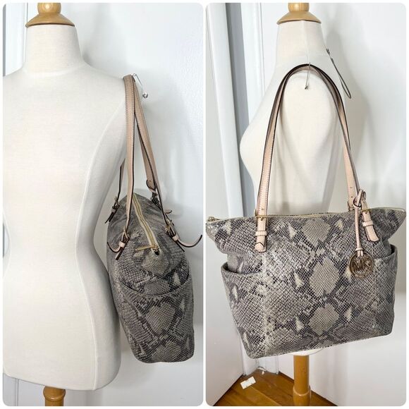 Michael Kors Snake Embossed Leather Jet Set Tote Shoulder Bag Grey - Picture 2 of 12
